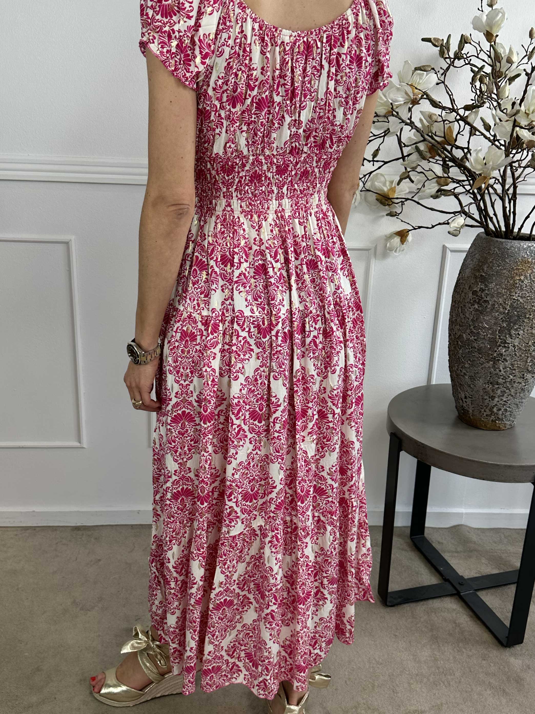 Elise - Lang mønstret kjole med elastik i udskæringen